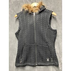 Spyder Vest Woman’s M Black Cable Core Sweater Faux Fur Trim Hood Pockets Cozy